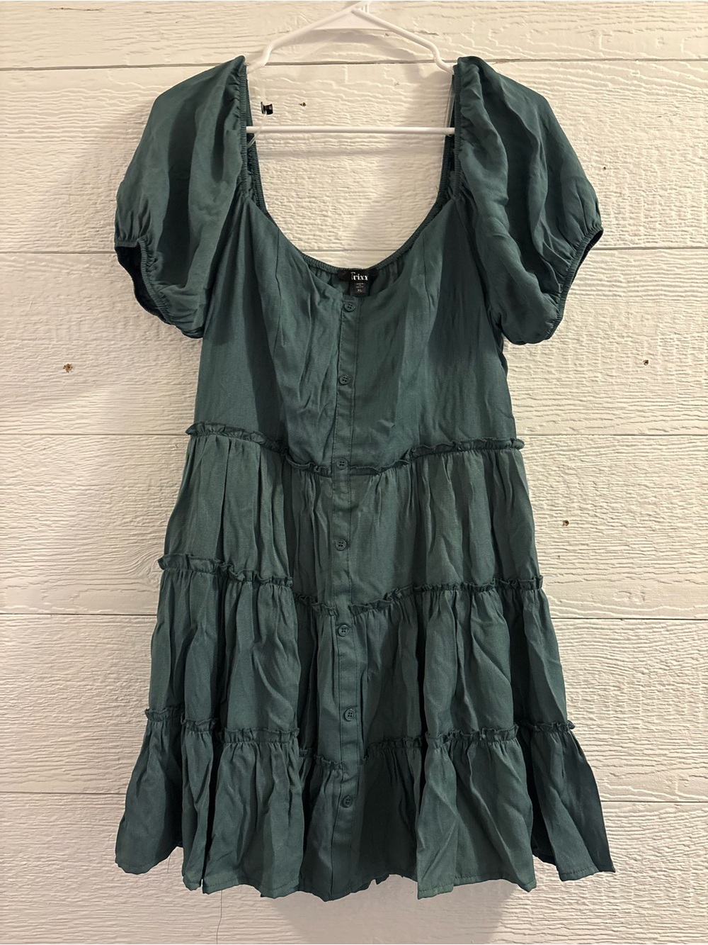 Boutique Puff-Sleeve Tiered Mini Dress - Teal Green